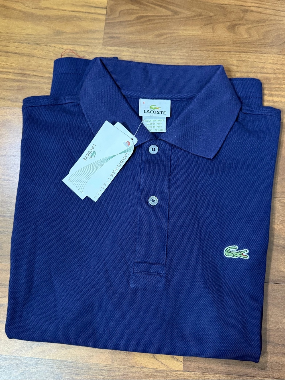 Lacoste Navy Vintage Piqué Stretch Polo with Green Croc Size M